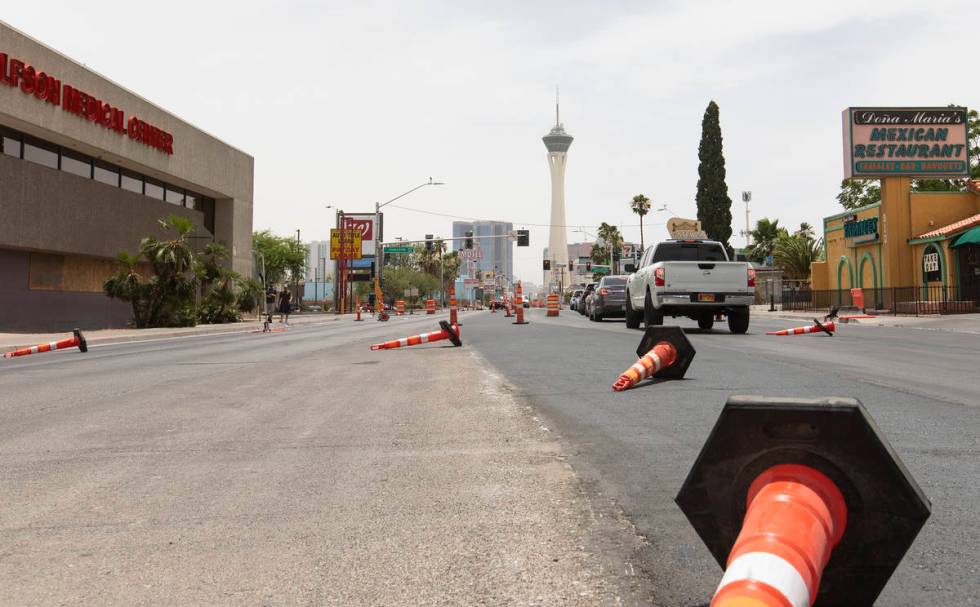 Traffic cones are knocked down by windy weather on Las Vegas Boulevard on Sunday, June 28, 2020 ...