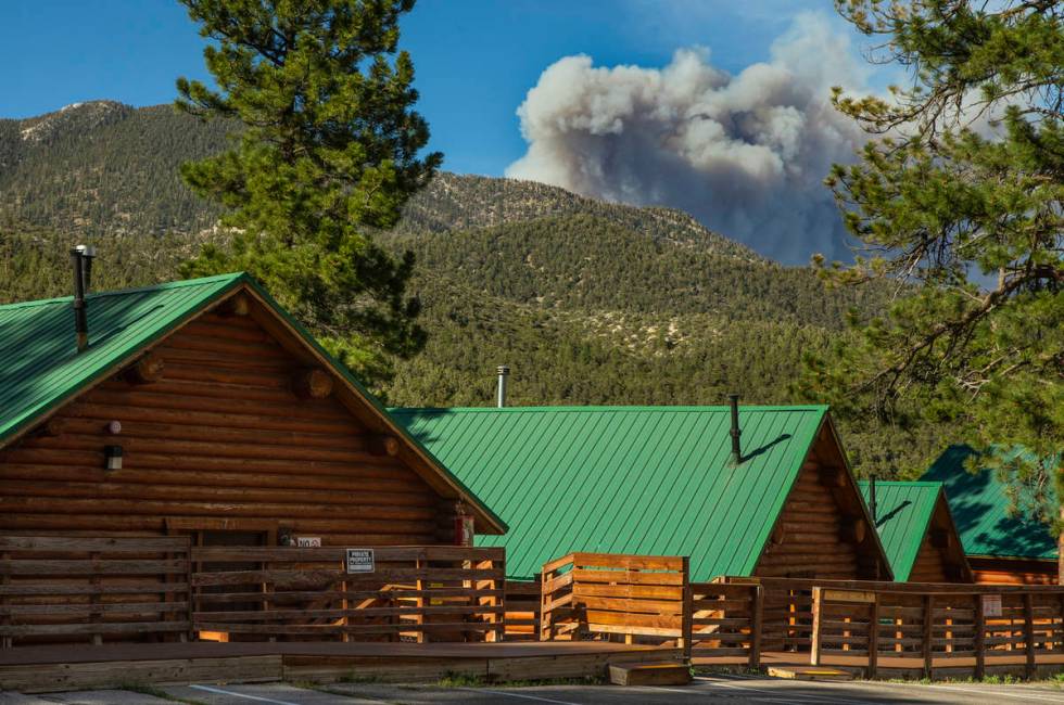 The Mahogany Fire on Mount Charleston grows as winds remain high as seen from the Mount Charles ...