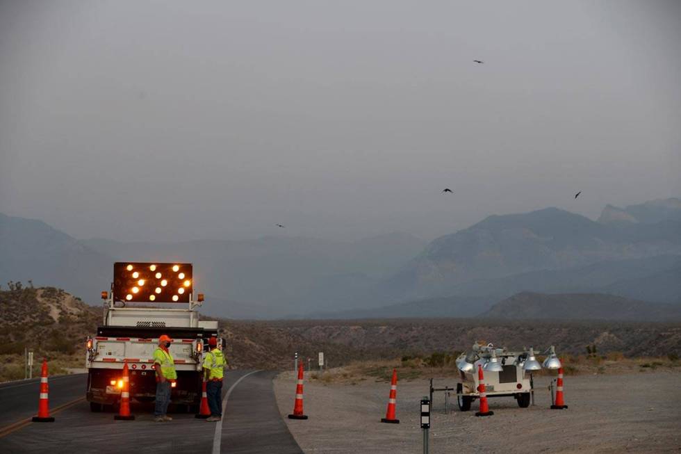 Kyle Canyon Road is closed 9.2 miles up from U.S. Highway 95 as crews battle the Mahogany Fire ...