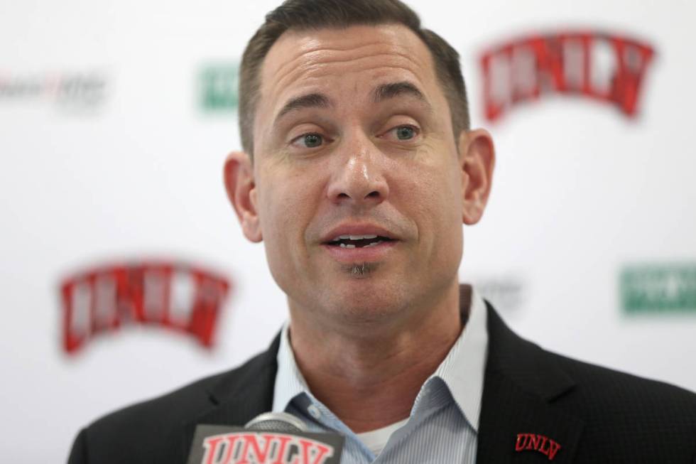 UNLV football head coach Marcus Arroyo announces his first recruiting class during a press conf ...