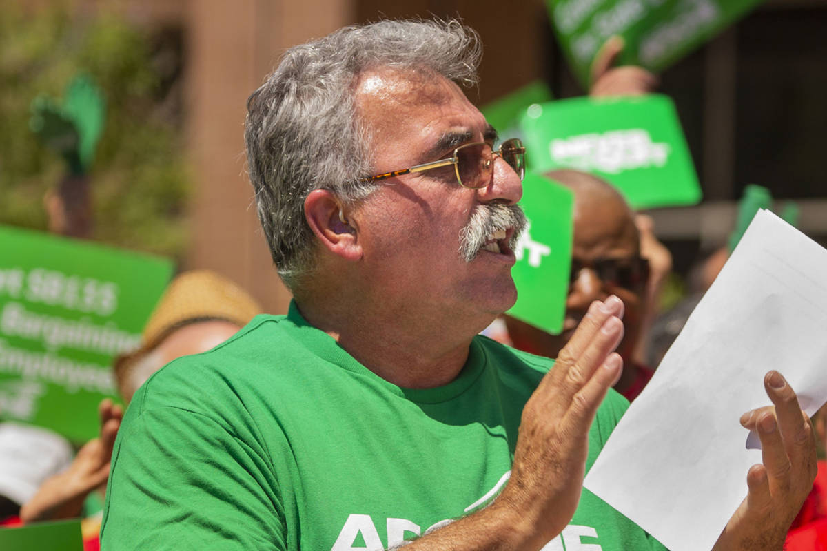 In this May 14, 2019, file photo, AFSCME Local 4041 President Harry Schiffman welcomes the crow ...