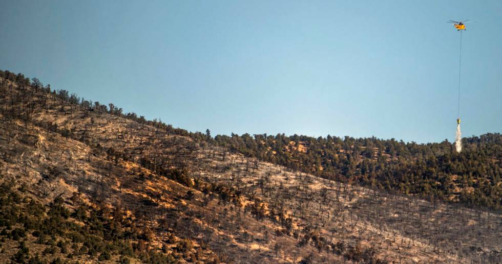 A helicopter with water bucket makes another drop over the Mahogany Fire on Mount Charleston on ...