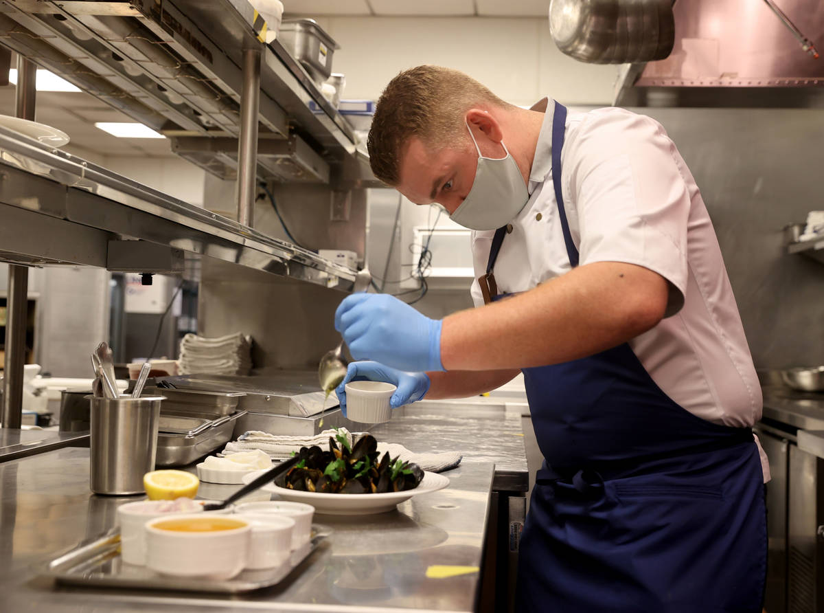 Bardot Brasserie Executive Chef Nick Dugan makes Steamed Mussels with Chorizo and Saffron at Ar ...