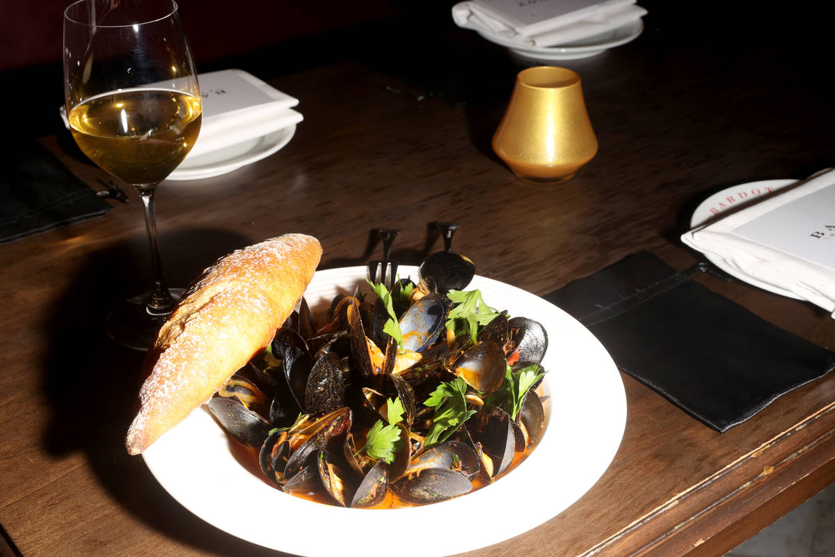 Steamed Mussels with Chorizo and Saffron at Aria on the Strip in Las Vegas upon reopening Wedne ...