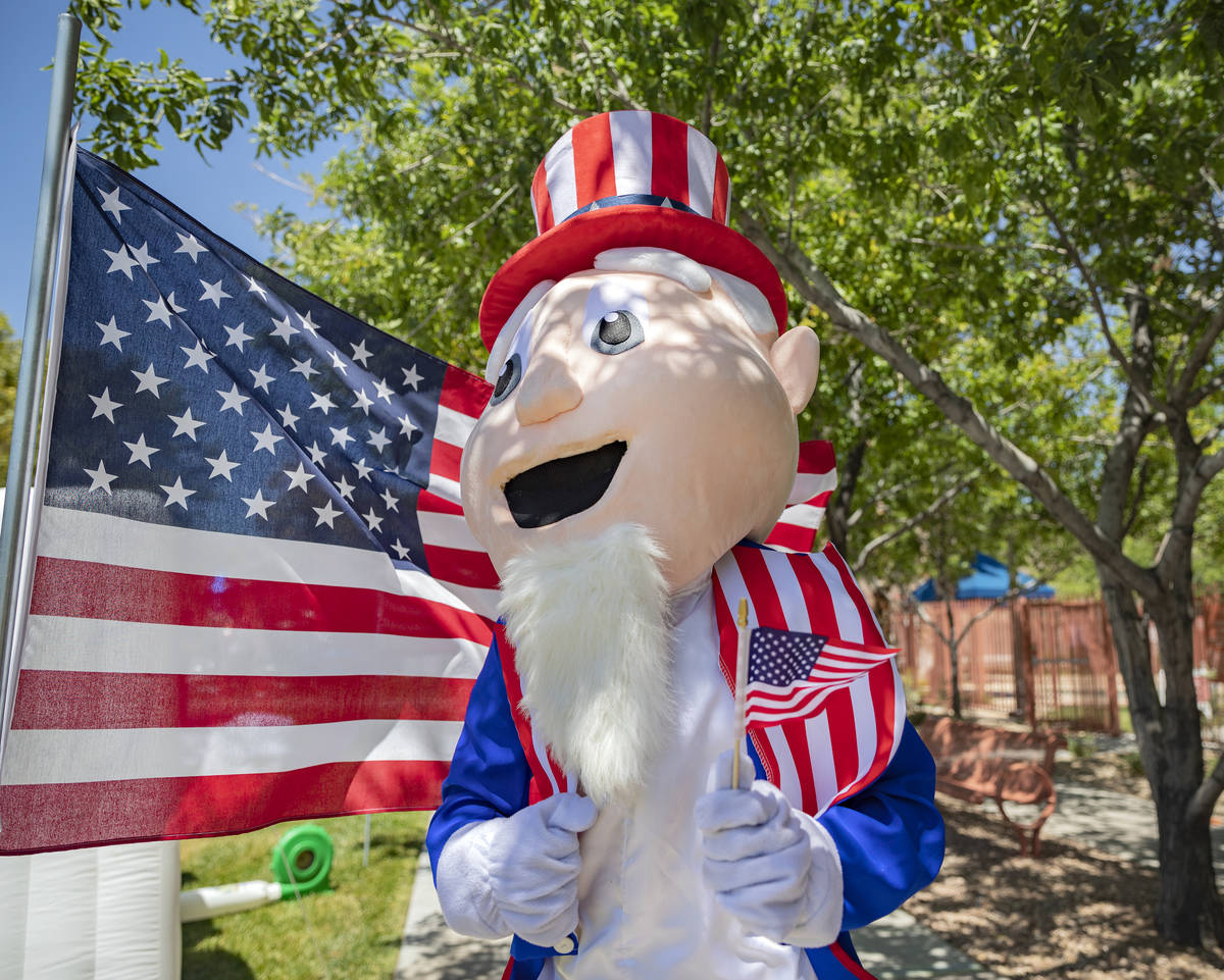 Uncle Sam is seen during a preview of the virtual Summerlin Council Patriotic Parade at Trails ...