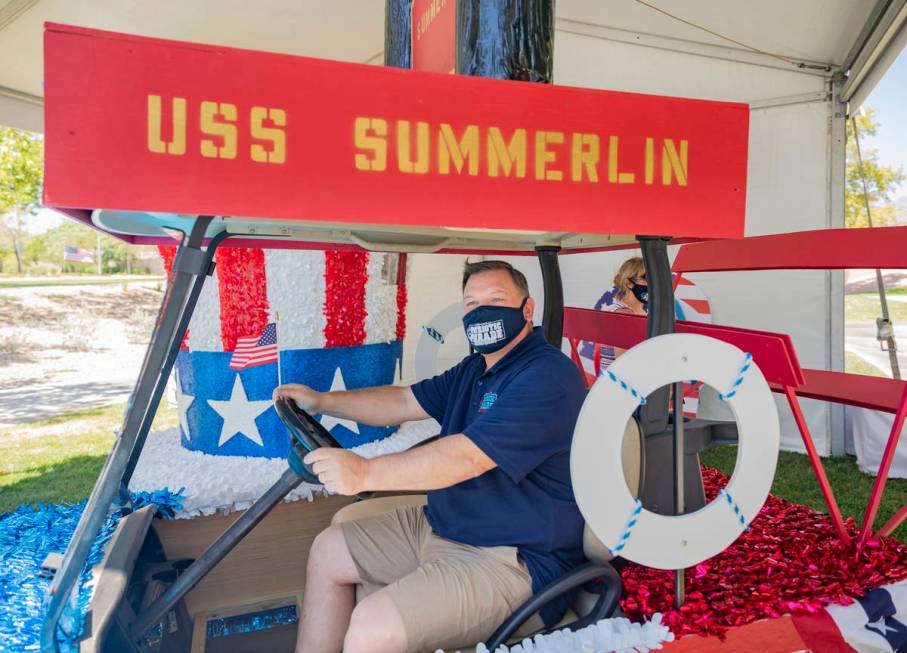 Summerlin Council member Tommy Porrello sits in a float during a preview of the virtual Summerl ...