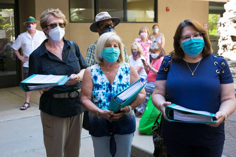 People who oppose the AHL Arena in Henderson, including Carolyn Jones, left, Jeani Adams and La ...