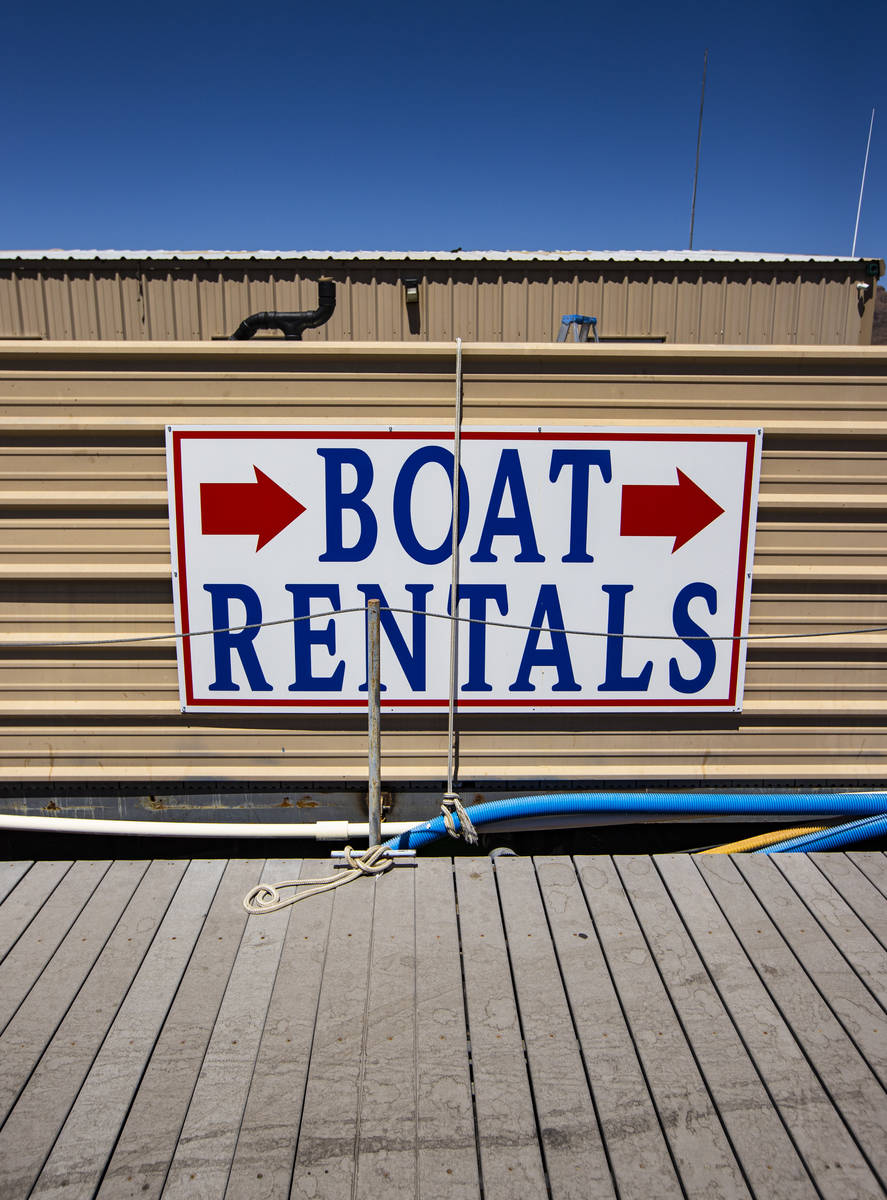 A sign for boat rentals at the Callville Bay Marina at Lake Mead National Recreation Area on We ...
