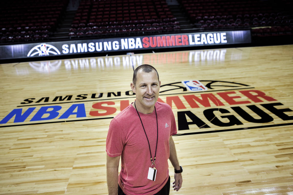 NBA Summer League co-organizer Albert Hall stands at center court in the Thomas and Mack Cente ...
