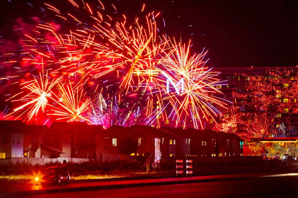 Fireworks go off above the M Resort in Henderson on Saturday, July 4, 2020. (Chase Stevens/Las ...