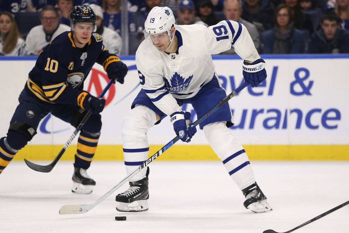 FILE - In this Sunday, Feb. 16, 2020 file photo, Toronto Maple Leafs forward Jason Spezza (19) ...