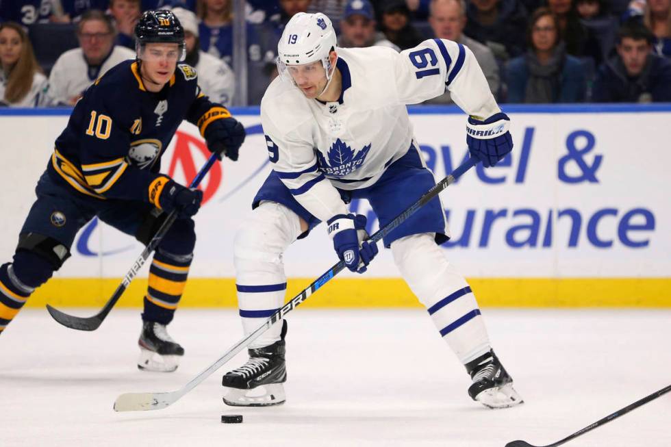 FILE - In this Sunday, Feb. 16, 2020 file photo, Toronto Maple Leafs forward Jason Spezza (19) ...