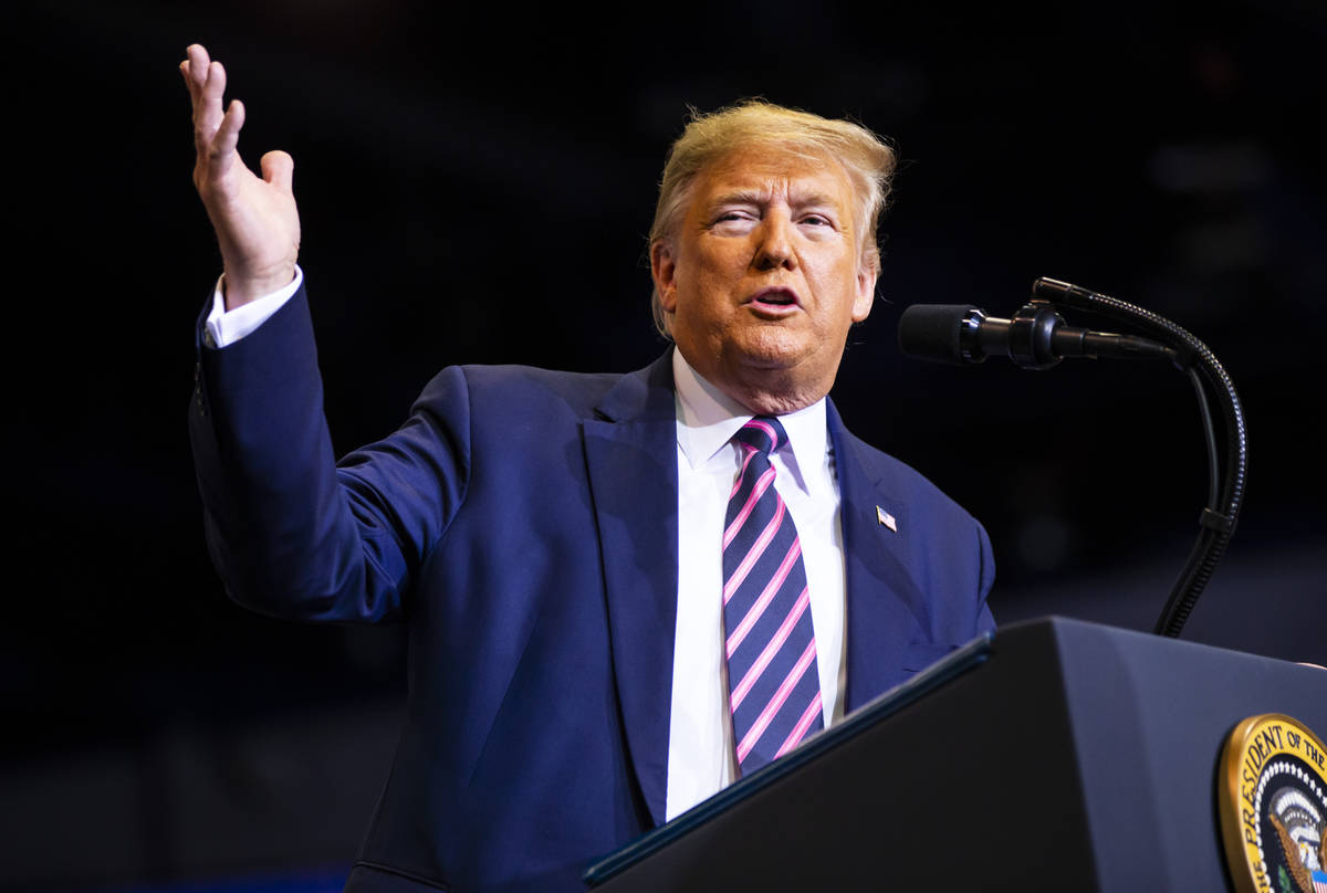 President Donald Trump speaks during a rally at the Las Vegas Convention Center in Las Vegas on ...