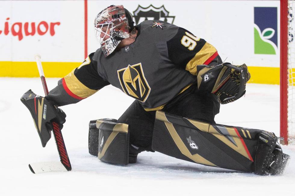 Vegas Golden Knights goaltender Robin Lehner (90) makes a save in the second period during an N ...