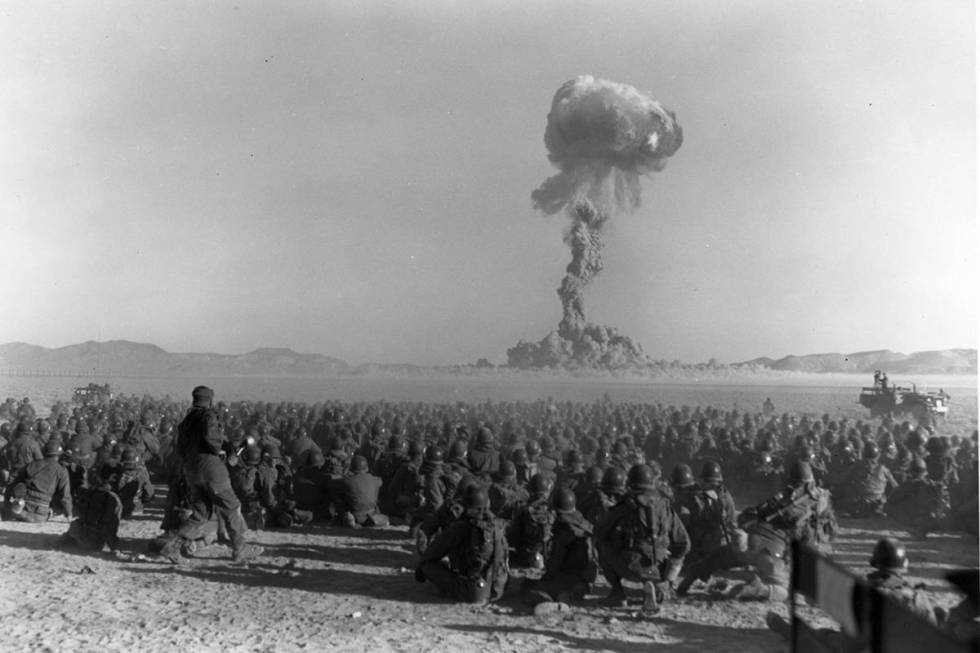 This early photo shows an atomic bomb test at what was then called the Nevada Proving Grounds, ...