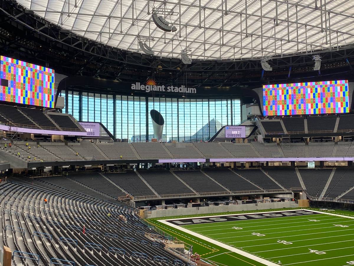 Crews test out various video boards inside Allegiant Stadium on June 23, 2020. (Courtesy Las Ve ...