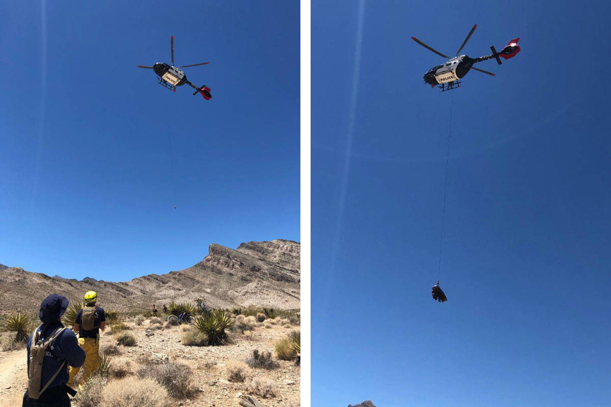 An injured dirt bike rider is airlifted Wednesday, July 8, 2020, near West Lake Mead Boulevard ...
