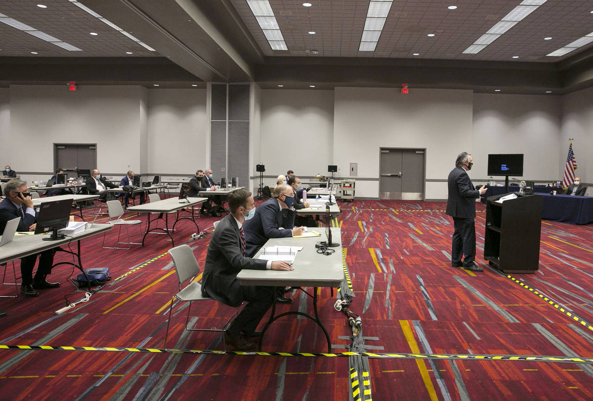 Will Kemp, representing Planet 13 and LivFree dispensaries, addresses the court during a pretri ...