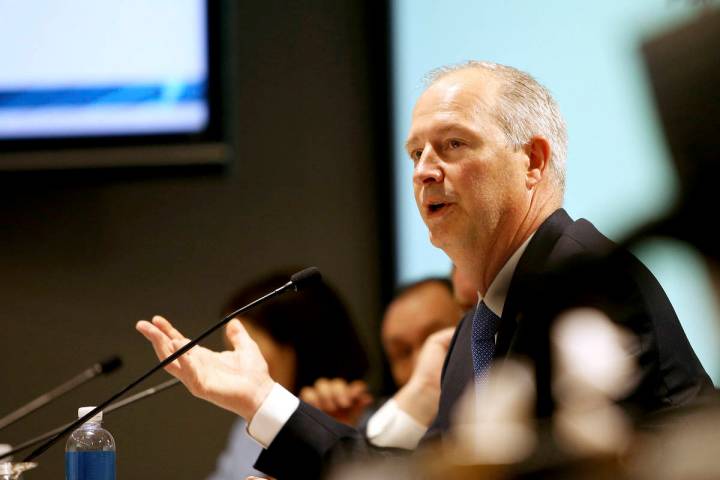 Las Vegas Convention and Visitors Authority CEO Steve Hill talks to board members during a pres ...