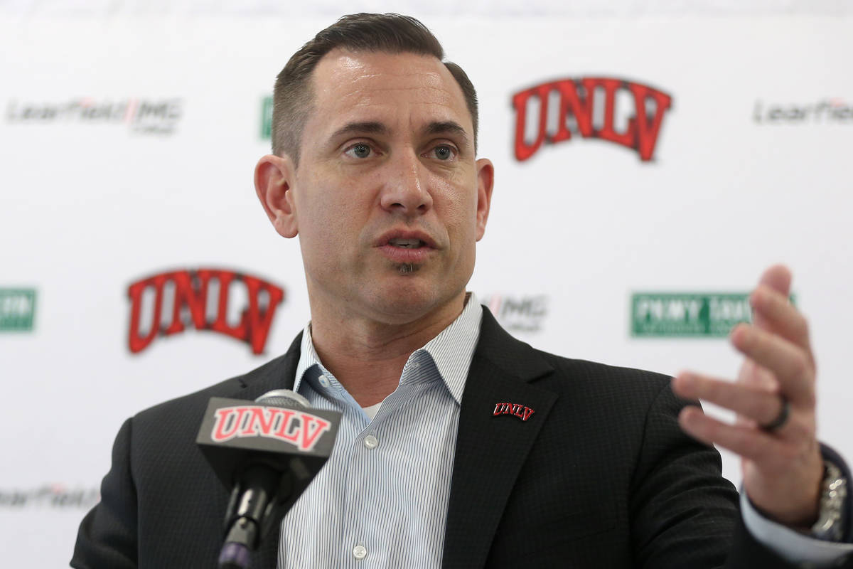 UNLV football head coach Marcus Arroyo announces his first recruiting class during a press conf ...