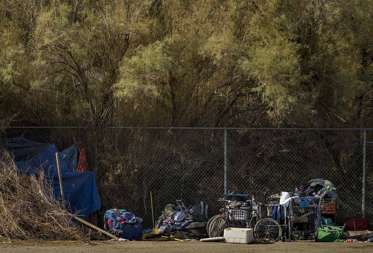 A homeless encampment near where Clark County firefighters extinguish a brush fire in east Las ...
