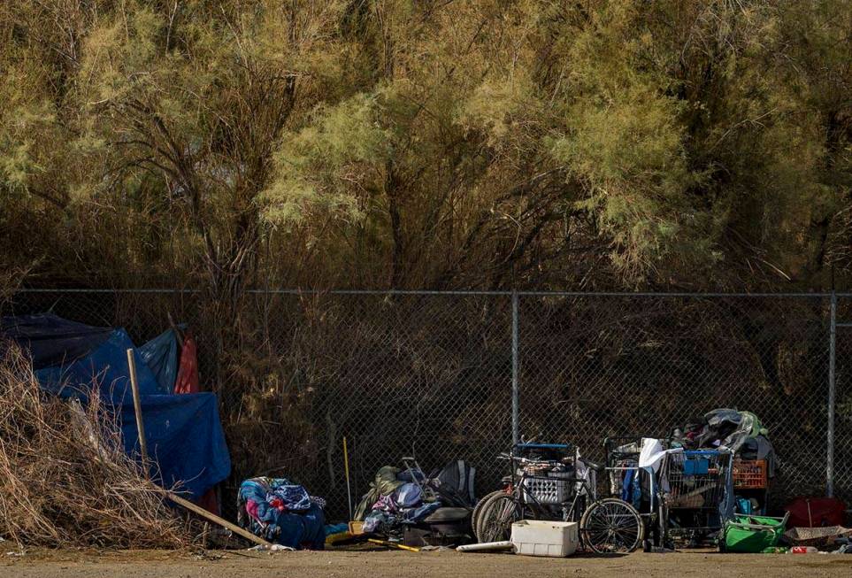 A homeless encampment near where Clark County firefighters extinguish a brush fire in east Las ...