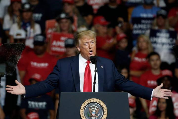 In a June 20, 2020, file photo, President Donald Trump speaks during a campaign rally in Tulsa, ...