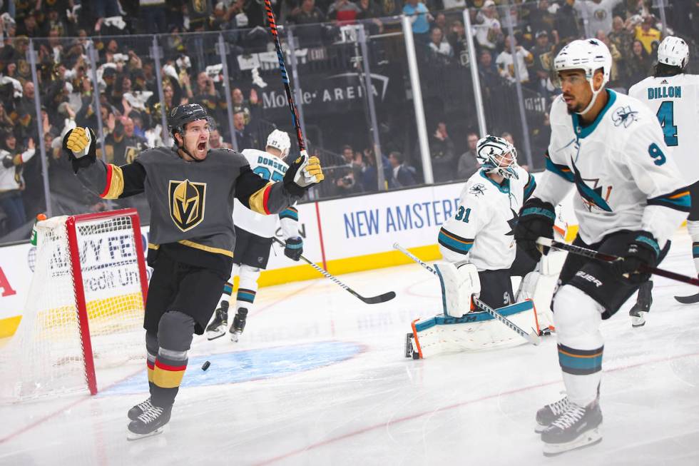 Golden Knights right wing Mark Stone (61) celebrates a goal by left wing Max Pacioretty, not pi ...