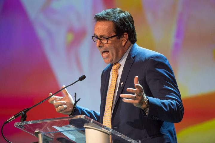 Base Agency Chief Executive officer Ken Henderson is shown onstage during Robin Leach's celebra ...