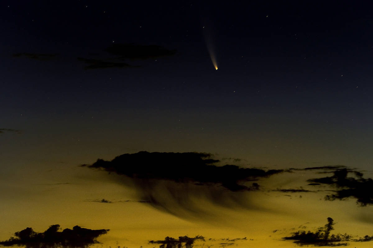 Comet NEOWISE streaks across the sky from the Wee Thump Joshua Tree Wilderness on Saturday, Jul ...