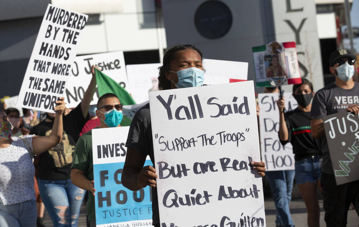 A protest for Vanessa Guillen moves down Las Vegas Boulevard on Sunday, July 12, 2020, on the L ...