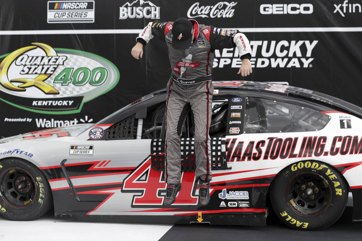 Cole Custer (41) celebrates after winning a NASCAR Cup Series auto race Sunday, July 12, 2020, ...