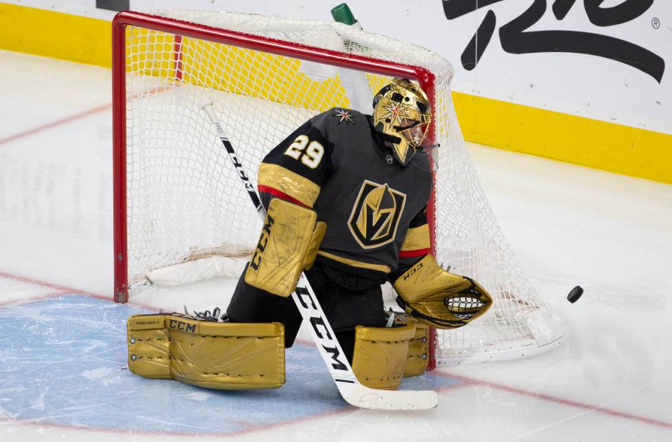 Vegas Golden Knights goaltender Marc-Andre Fleury (29) makes a save in the third period of an N ...