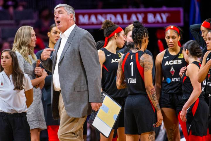 Las Vegas Aces head coach Bill Laimbeer tells officials his team should have the ball versus th ...