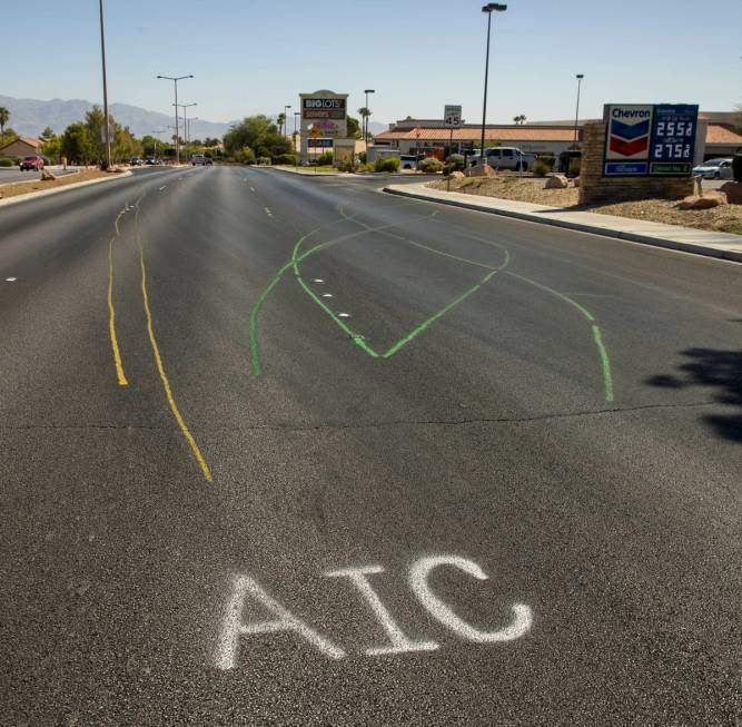 Accident scene markings are still visible near Rampart and Lake Mead boulevards on Tuesday, Jul ...