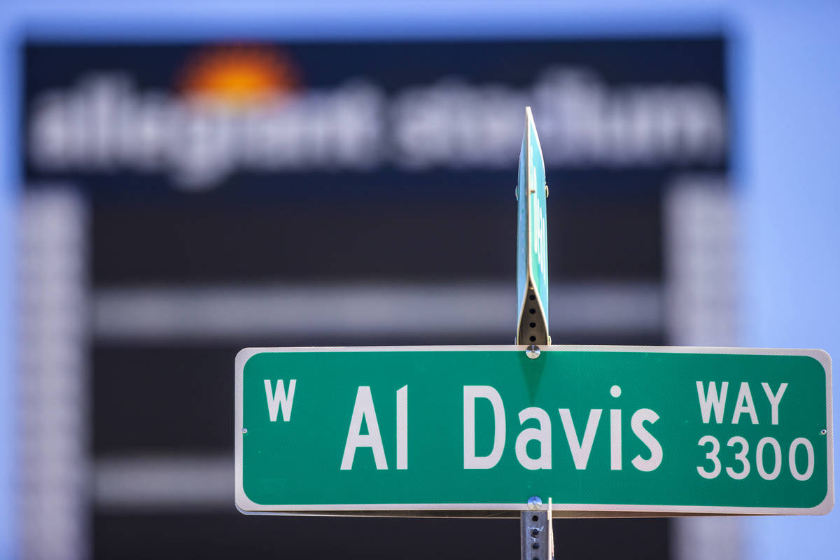 The sign for Al Davis Way at Dean Martin Drive recently went up outside Allegiant Stadium. Phot ...