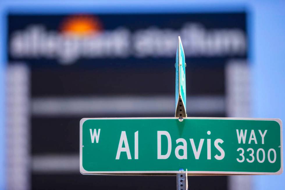 The sign for Al Davis Way at Dean Martin Drive recently went up outside Allegiant Stadium. Phot ...