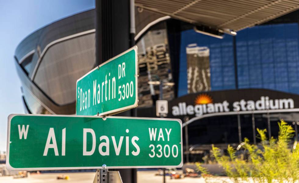 The sign for Al Davis Way at Dean Martin Drive recently went up outside Allegiant Stadium. Phot ...