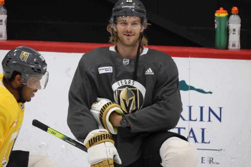 Vegas Golden Knights defenseman Jon Merrill (15) stretches during a team practice at City Natio ...