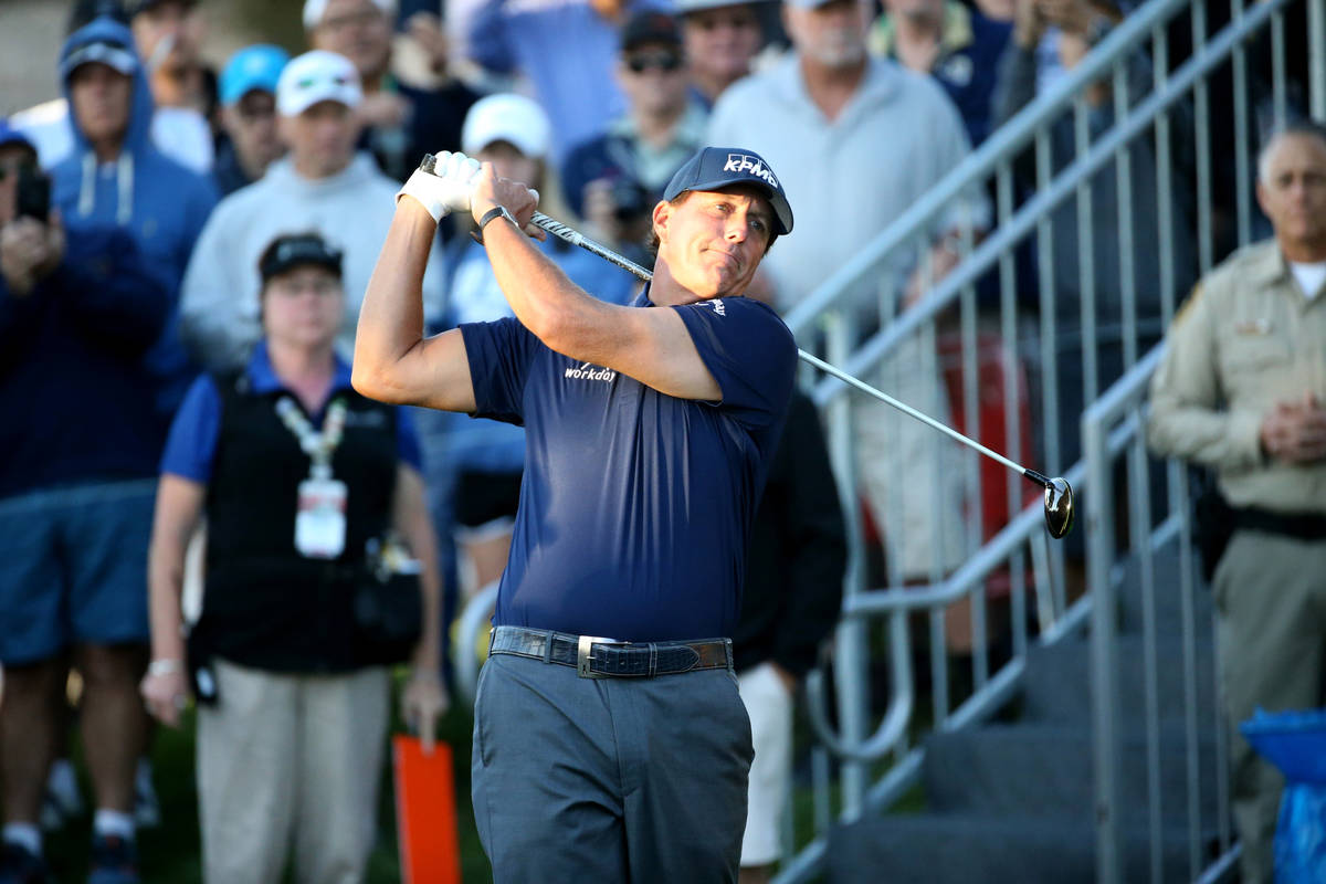 Phil Mickelson hits on the 10th tee during Shriners Hospitals for Children Open at TPC Summerli ...