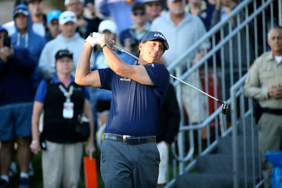 Phil Mickelson hits on the 10th tee during Shriners Hospitals for Children Open at TPC Summerli ...