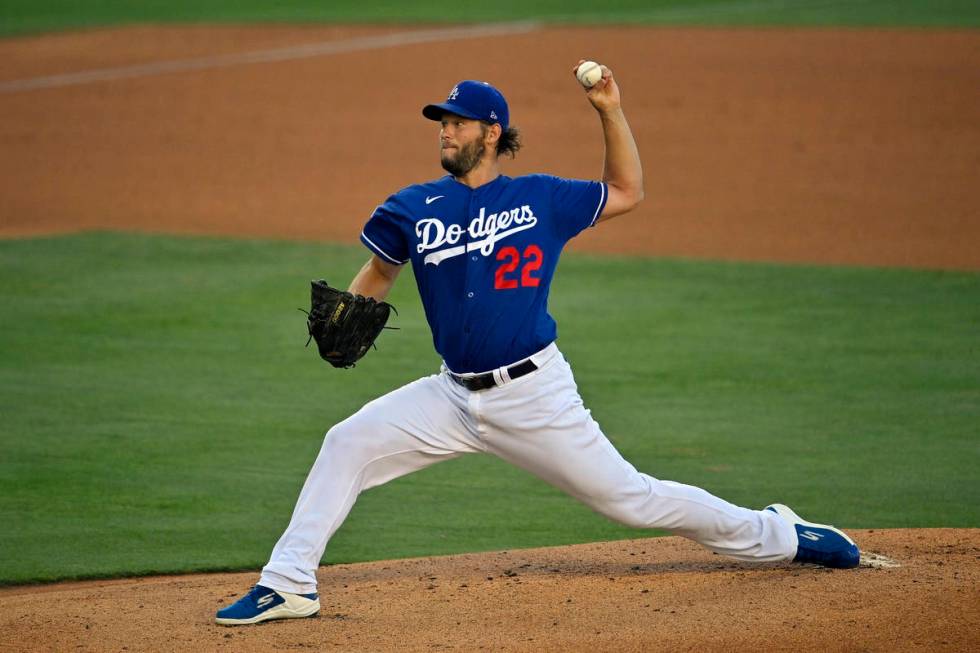 Los Angeles Dodgers starting pitcher Clayton Kershaw throws to the plate during intrasquad play ...