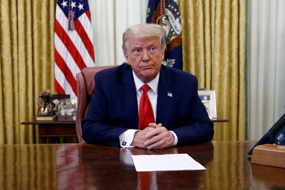 President Donald Trump participates in a law enforcement briefing on the MS-13 gang in the Oval ...