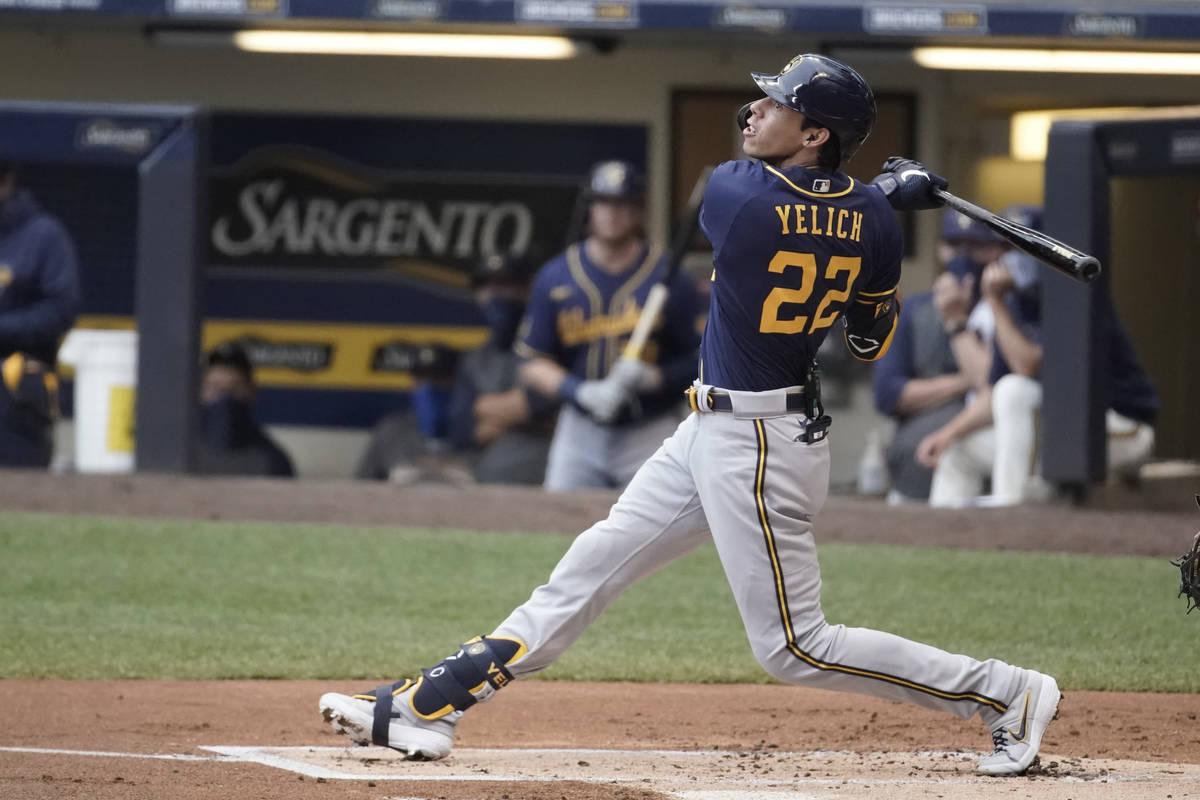 Milwaukee Brewers' Christian Yelich bats during an intersquad game Tuesday, July 14, 2020, at M ...