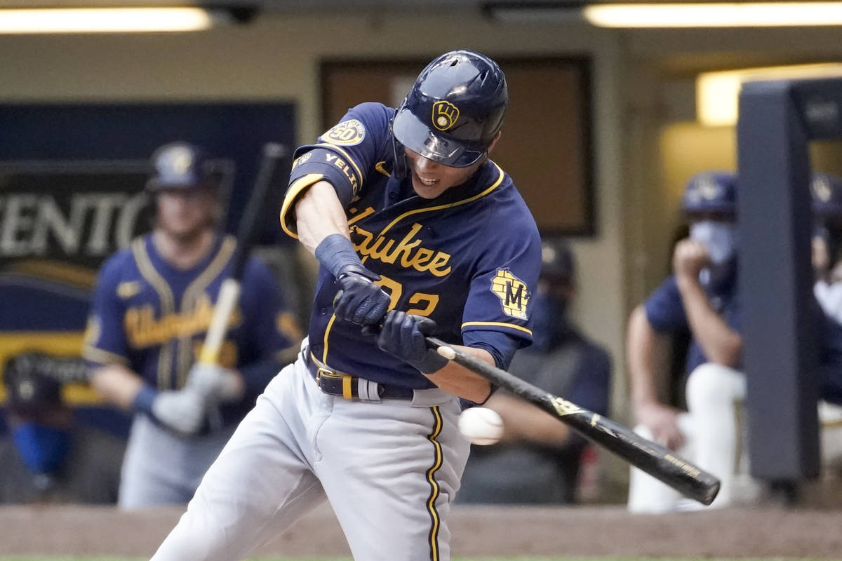 Milwaukee Brewers' Christian Yelich bats during an intersquad game Tuesday, July 14, 2020, at M ...