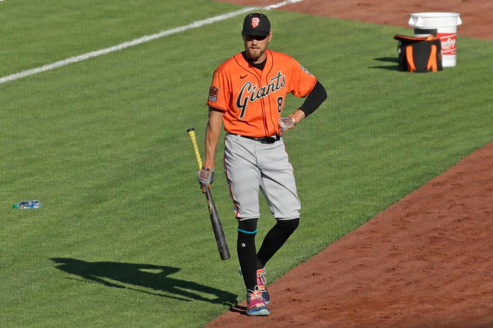 San Francisco Giants' Hunter Pence walks off the field during a baseball practice on Friday, Ju ...