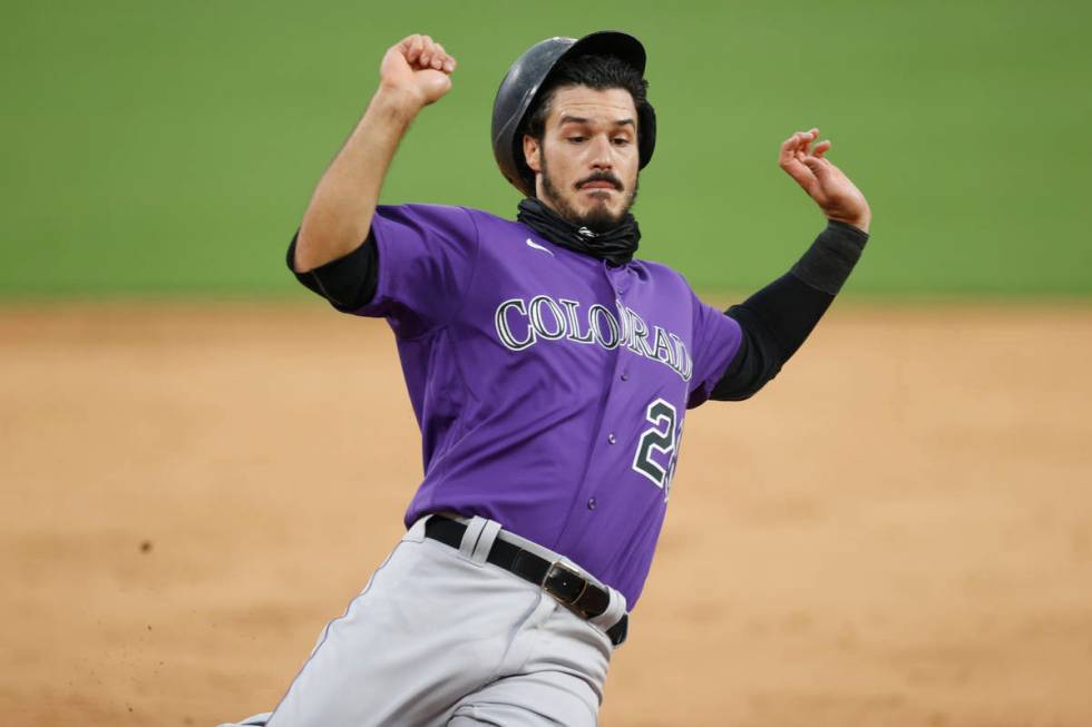 Colorado Rockies third baseman Nolan Arenado (28) plays a simulated game as part of the team's ...