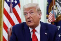 President Donald Trump speaks during a law enforcement briefing in the Oval Office of the White ...