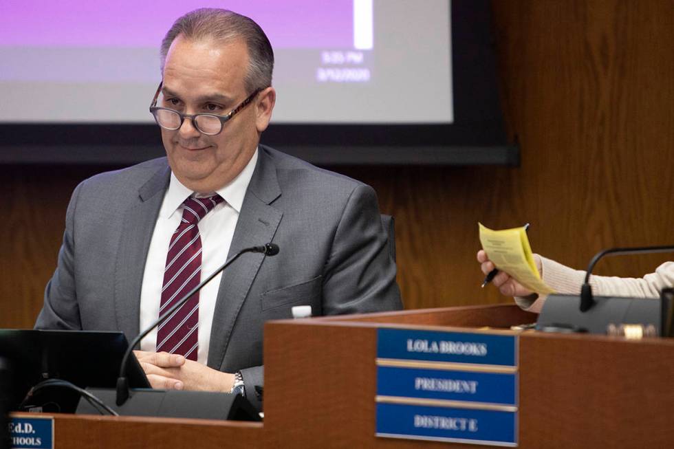 Clark County School District superintendent Jesus Jara reacts to a comment from a community mem ...