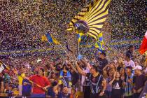 Las Vegas Lights FC fans are bathed in confetti as the team scores over the Portland Timbers 2 ...